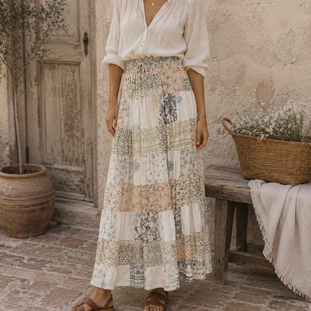 White Patchwork Maxi Skirt Size Small Boho Cottagecore Prairie Peasant Pull On